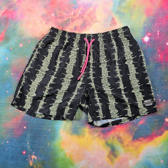 Wesc Pants - WESC Black Barbed Wire Print Swim Workout Shorts Pink Drawstring